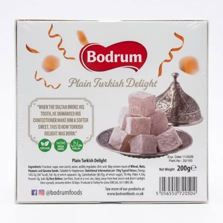 Back of Bodrum Plain Turkish Delight box showing ingredients and certifications