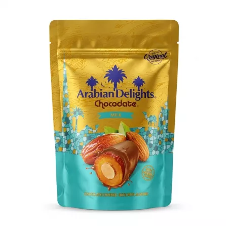 Front of Arabian Delights Chocodate Milk pouch showing product and branding