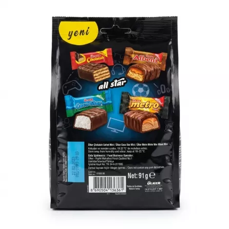 Back of Ülker Mini All Star Assorted Chocolates showing varieties and barcode