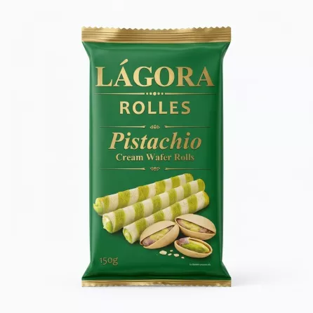 Front of Lágora Pistachio Cream Wafer Rolls green packaging showing product and pistachios