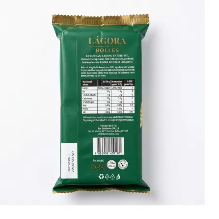 Back of Lágora Pistachio Cream Wafer Rolls with ingredients, nutritional info and halal certification