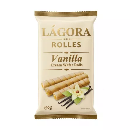 Front of Lágora Vanilla Cream Wafer Rolls 150g pack