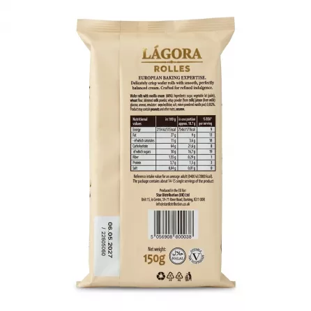 Back of Lágora Vanilla Cream Wafer Rolls showing nutritional information, halal and vegetarian symbols