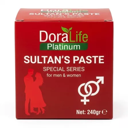 Angled front view of Dora Life Sultan's Paste 240g packaging