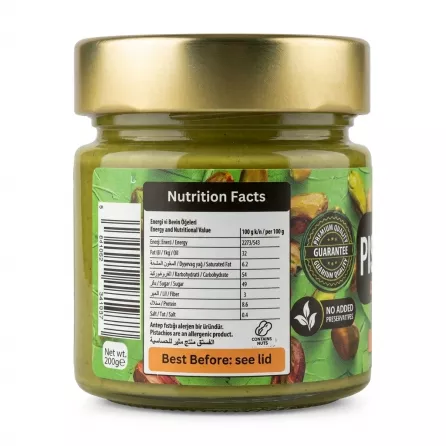 Back label of Mel's Kitchen Pistachio Cream showing nutrition facts