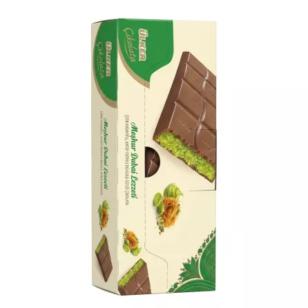 Ülker Çikolata Pistachio Milk Chocolate box side showing bar and ingredients