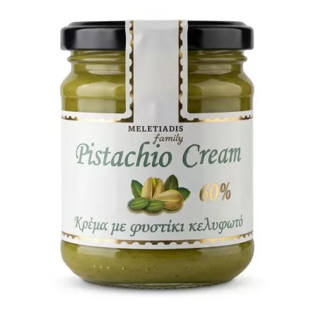 Front view of Meletiadis Pistachio Cream jar with label showing 60% pistachio content