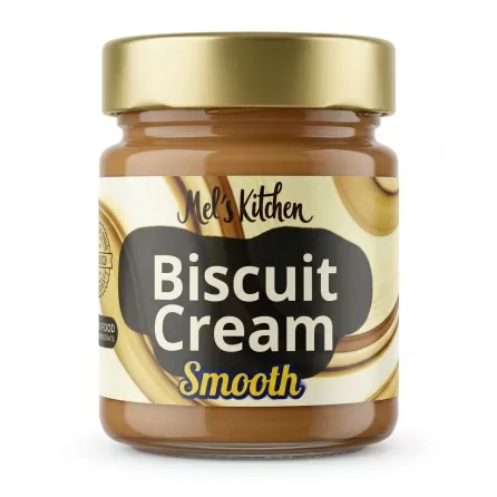 Front view of Mel's Kitchen Biscuit Cream Smooth jar held in hand