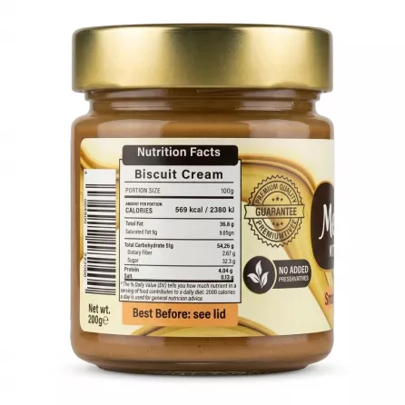 Back label with nutrition facts and premium quality seal on Mel's Kitchen Biscuit Cream Smooth jar