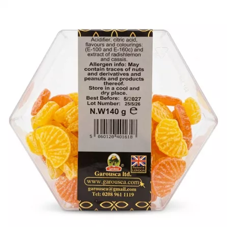Back of Dospani Orange & Lemon Flavour Candy box showing nutritional information, barcode and ingredients