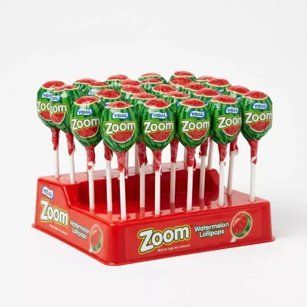 Display of Vidal Zoom Watermelon Lollipops in green and red wrappers arranged in a red stand