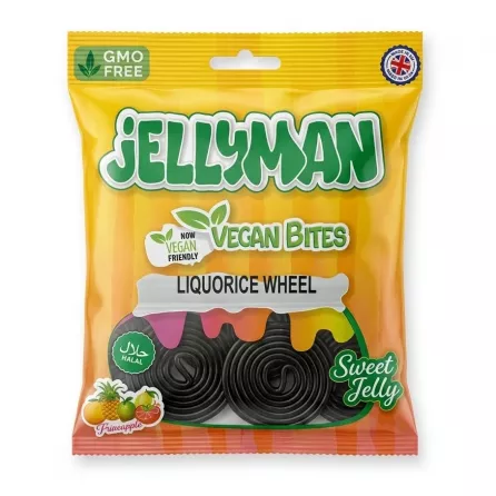 Front packaging of Jellyman Vegan Bites Liquorice Wheel with product features