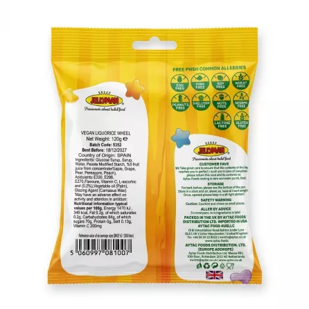 Back of Jellyman Vegan Liquorice Wheel Bites showing ingredients and allergy information