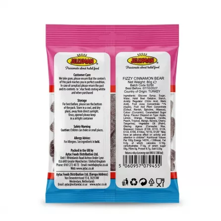 Back of Jellyman Hot Cinnamon Bear Fizzy Jelly sweets pack showing ingredients and barcode