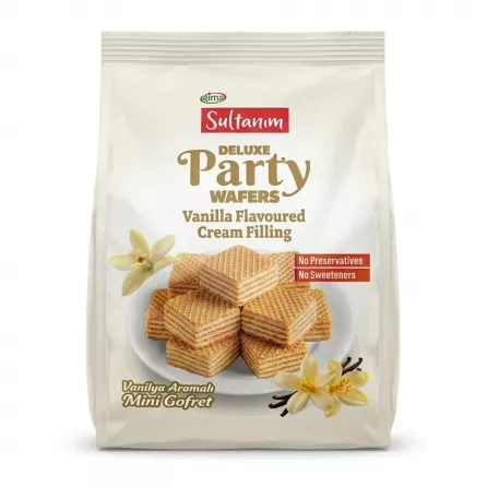 Front view of Sultanim Deluxe Party Wafers Vanilla Flavoured Cream Filling packaging held in store