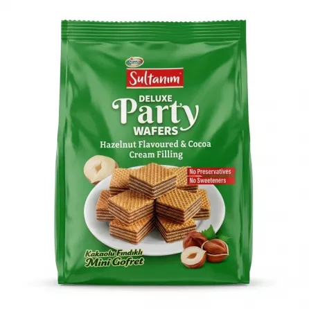 Front view of Sultanım Deluxe Party Wafers Hazelnut & Cocoa Cream Filling pack