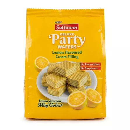 Front of Sultanam Deluxe Party Wafers Lemon Flavoured Cream Filling 150g