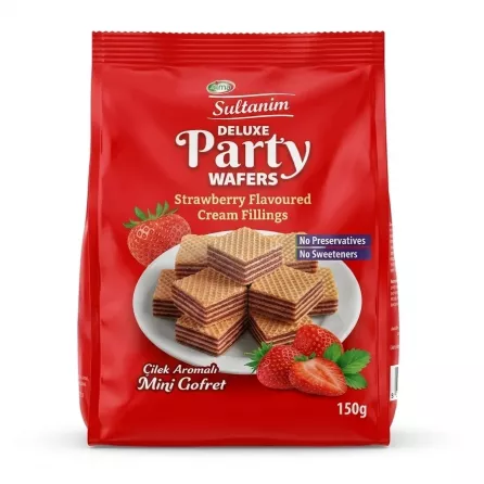 Alternative front view Sultanim Deluxe Party Wafers Strawberry Flavoured Cream Filling 150g