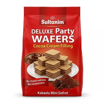 Front view of Sultanim Deluxe Party Wafers Cocoa Cream Filling 150g pack