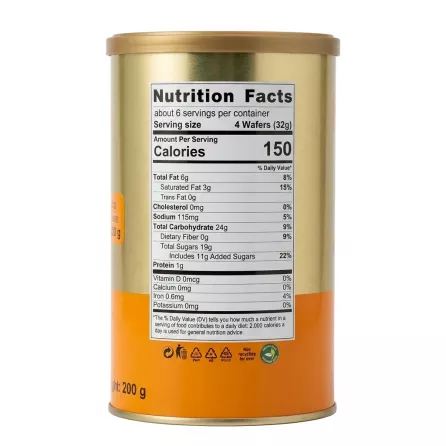 Nutrition facts label on Golden Treats Salted Caramel Wafer Rolls tin