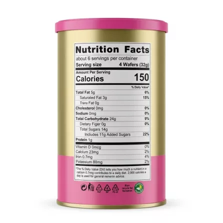 Back showing nutrition facts for Golden Treats Strawberry Wafer Rolls