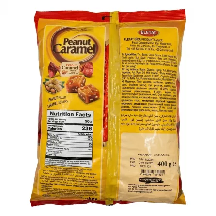 Back of Peanut Caramel Eclairs bag with ingredients and nutrition information
