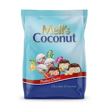 Front of Mell's Coconut Chocolate & Coconut Sweets bag in shop