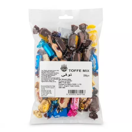 Bag of Toffe Mix assorted toffees with visible label, price, and colourful wrappers