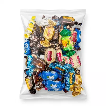 Clear bag showing an assortment of individually wrapped toffees