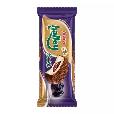 A hand holding a pack of Ülker Halley Blackberry Marmalade Biscuits, showing the front packaging.