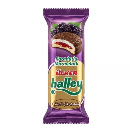 Side view of Ülker Halley Blackberry Marmalade Biscuits showing the product image and design.