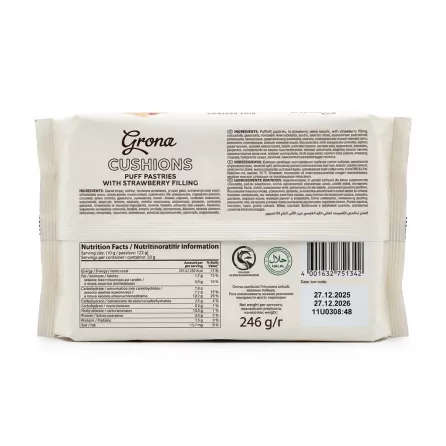 Back of Grona Cushions Puff Pastries pack showing ingredients and barcode