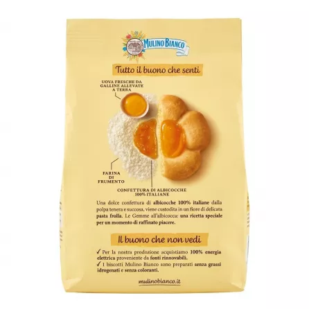 Back of Mulino Bianco Gemme Apricot Biscuits pack with product details