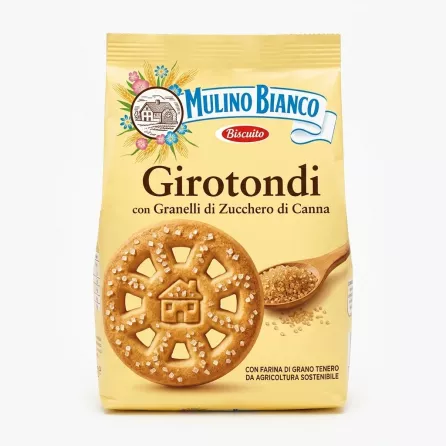 Front of Mulino Bianco Girotondi biscuits pack with cookie and sugar grain illustration