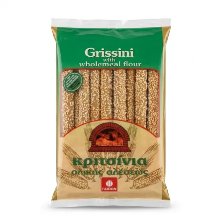 Front of Faidon Grissini wholemeal breadsticks pack with sesame seeds