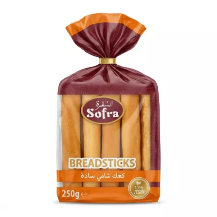 Front view of Sofra Breadsticks 250g in orange and maroon packaging