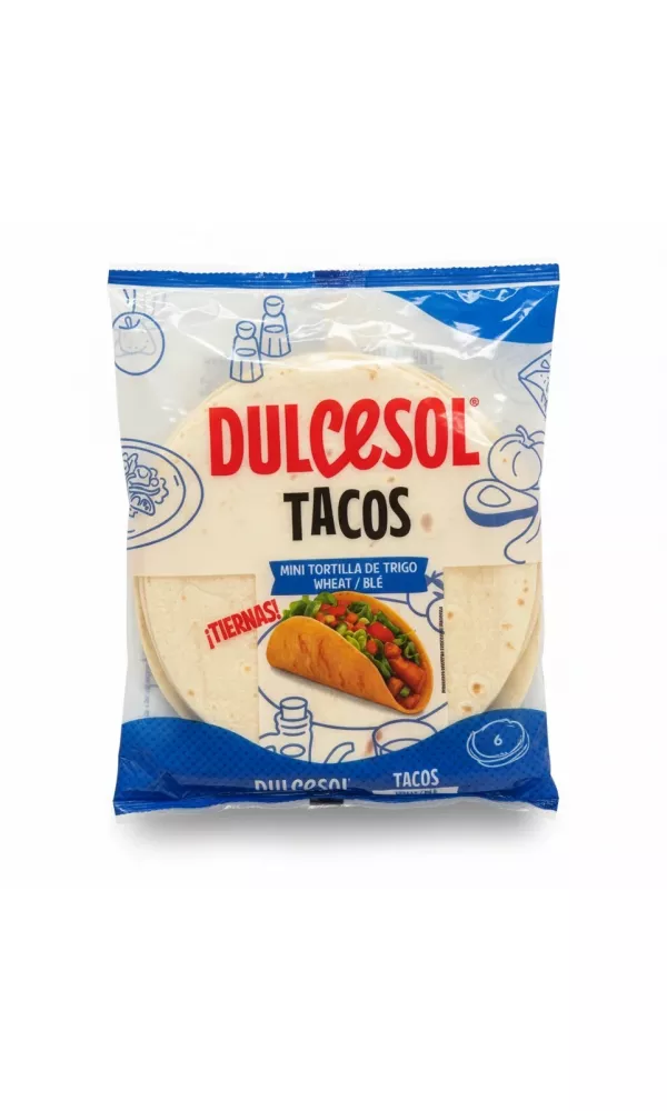 Package of Dulcesol mini wheat tacos showing soft tortillas