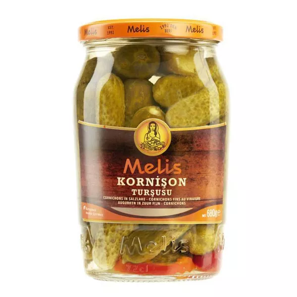 Melis Cornichons 680g deliver a tangy crunch perfect for snacking or adding to dishes. Enjoy the premium quality. Available at halalo.co.uk and Halalo.