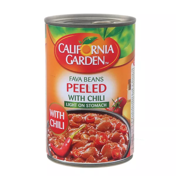 California Garden Peeled Fava Beans with Chilli 400g can – Halal-certified ready-to-eat fava beans for ful medames