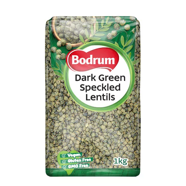 Bodrum Dark Green Speckled Lentils 1kg pack – Halal-certified whole lentils for mujaddara and salads