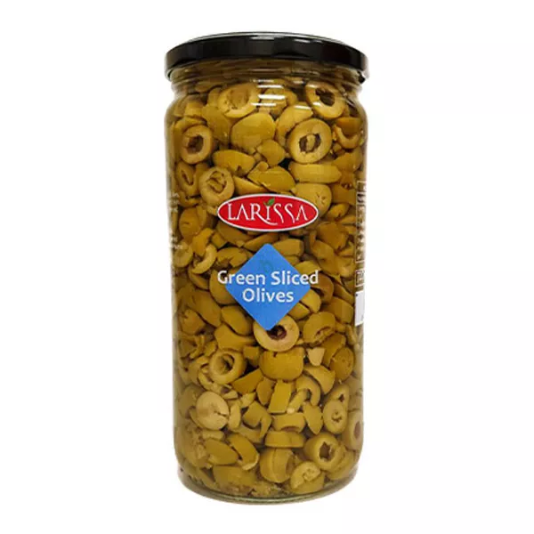 Larissa Sliced Green Olives 935g jar – pre-sliced halal Greek olives for pizza and salads