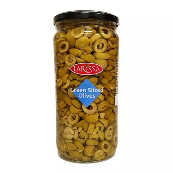 Larissa Sliced Green Olives 935g jar – pre-sliced halal Greek olives for pizza and salads