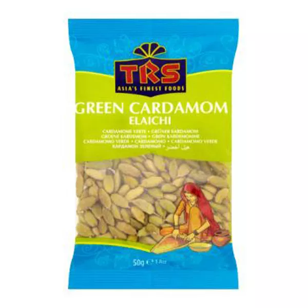 TRS Green Cardamom Elaichi 50g. Aromatic green cardamom pods for baking and cooking. Available at halalo.co.uk and Halalo.