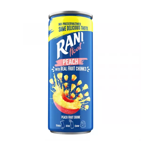 Rani Float Peach is a delightful fruit drink bursting with real peach chunks and refreshing juice. Enjoy the taste of real fruit without any added sugar, plus a boost of vitamin C. Available at halalo.co.uk and Halalo.
