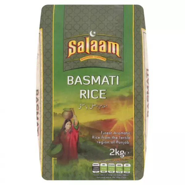 Salaam Basmati Rice 2kg. Fragrant long grain basmati rice for delicious meals. Available at halalo.co.uk and Halalo.