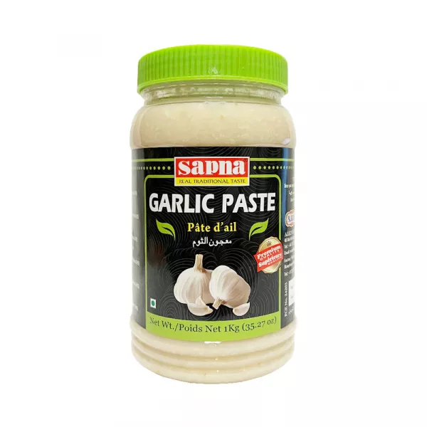 Sapna Garlic Paste 1kg. Bulk ready-to-use garlic paste for convenient cooking. Saves time and effort. Available at halalo.co.uk and Halalo.