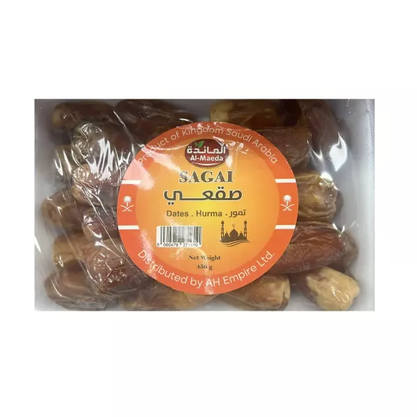Al Maeda Sagai Dates 450g. Enjoy the distinctive flavor of Sagai dates. Available at halalo.co.uk and Halalo.