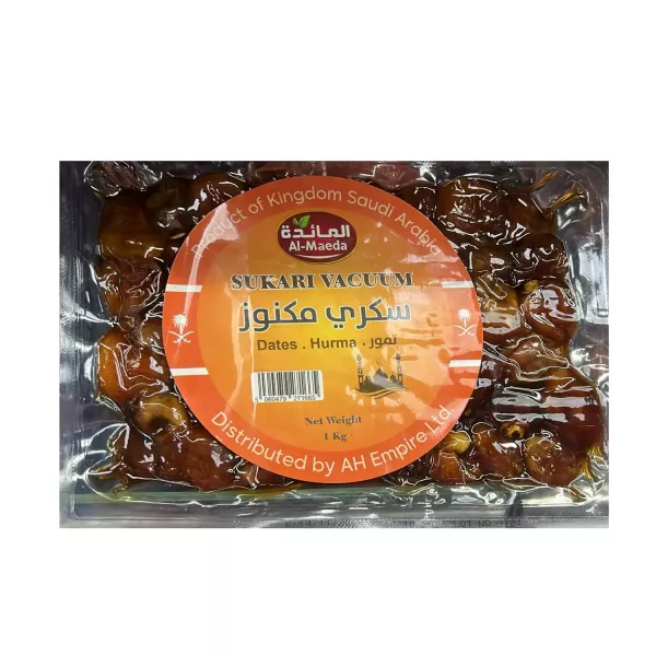 Al Maeda Sukari Vacuum Dates 1kg - premium, vacuum-packed sweet dates for a natural and healthy snack. Available at halalo.co.uk and Halalo.
