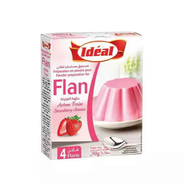 Ideal Flan Strawberry 50g - fruity, instant strawberry flan mix for delicious desserts. Quick to prepare, perfect for any occasion. Available at halalo.co.uk and Halalo.