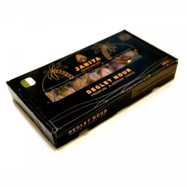 Janiya Deglet Nour Algerian Dattes 800g - premium Algerian Deglet Nour dates, a delicious and healthy natural snack. Available at halalo.co.uk and Halalo.